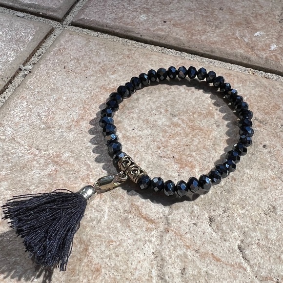 Dark Blue Iridescent Faceted Bead Stretch Braceket With Removable Tassel - Picture 1 of 9